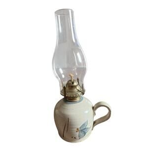 Studio hurricane lamp Art Pottery Oil Lamp Handle Blue Grey Signed St‎ Jacobs